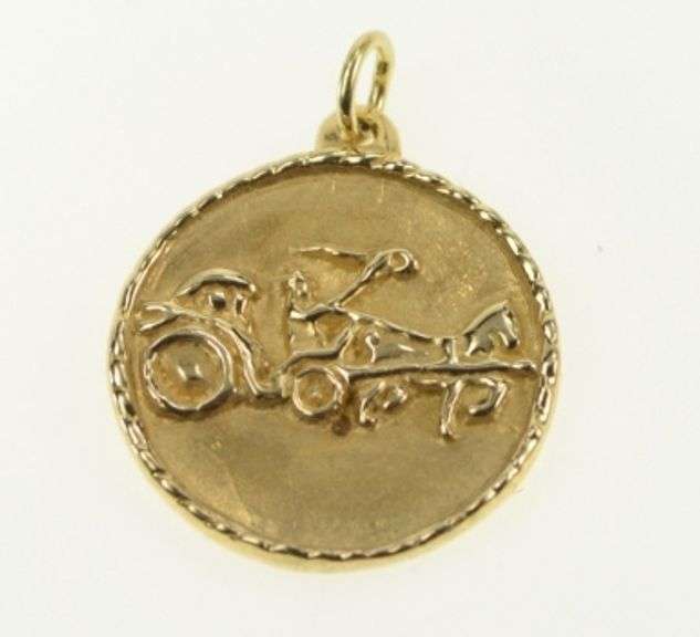 14K Yellow Gold Greek Chariot Scene Gladiator Pendant