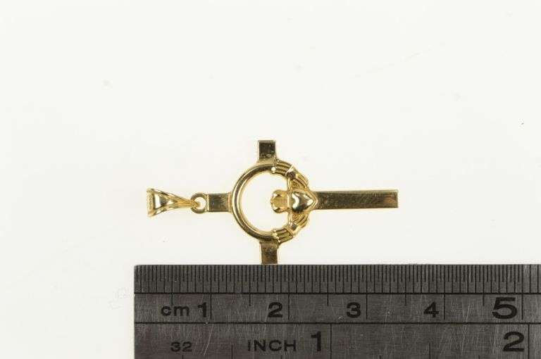 14K Yellow Gold Claddagh Celtic Motif Cross Christian Charm/Pendant