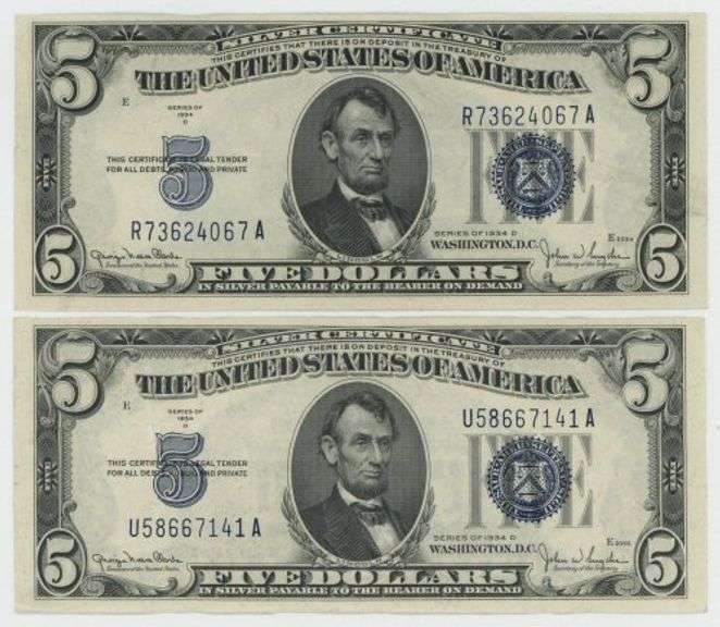 2 Crisp Nice Series of 1934D $5 Blue Seal Silver Certificates