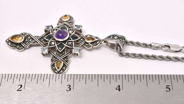 Mutli-Gem Cross Pendant Necklace In Sterling Silver