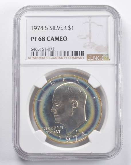 PF68 CAM 1974-S Eisenhower Silver Dollar NGC Target Rainbow TONED