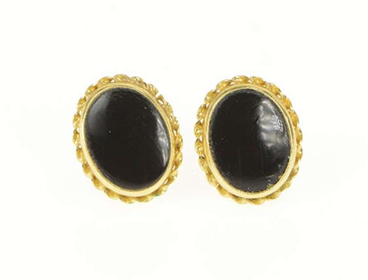 10K Yellow Gold Oval Black Onyx Twist Trim Stud Earrings
