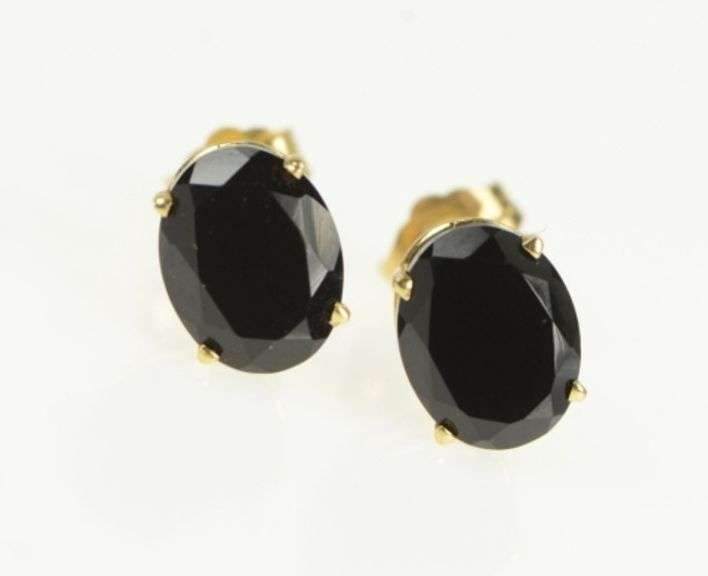 14K Yellow Gold Oval Black Onyx Solitaire Vintage Stud Earrings