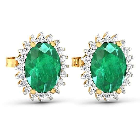 14 Kt Solid Yellow Gold Emerald & Diamond Earrings