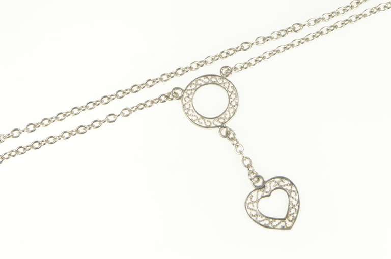 14K White Gold Filigree Heart Drop Cable Link Chain Statement Necklace