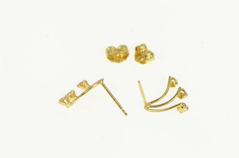 14K Yellow Gold Fanned CZ Curved Bar Vintage Stud Earrings