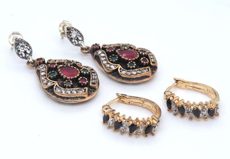 Lot of 2 Vintage 925 Sterling Silver Gemstone Dangle Earrings