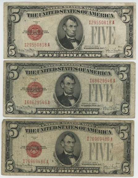 3 Much Scarcer Series of 1928 $5 Red Seal Notes