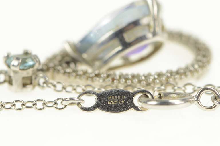 10K White Gold Pear Blue Topaz Diamond Accent Halo Chain Necklace