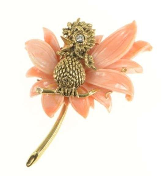 14K Yellow Gold Carved Coral Flower Baby Bird Diamond Pin/Brooch