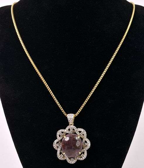 Gorgeous Colossal 46.00CTS Cabochon-Cut Star Ruby & 3.94CTW White Sapphire Pendant Necklace in Gold 