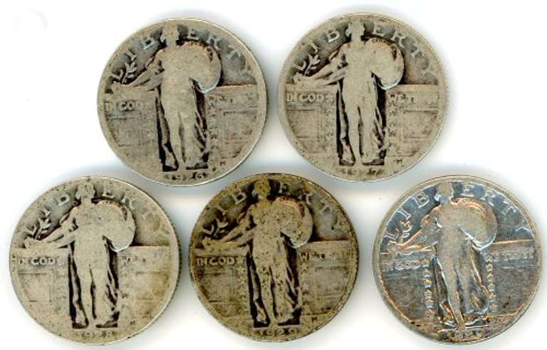 Five Different Silver Standing Liberty Quarters: 1926 to 1929-S