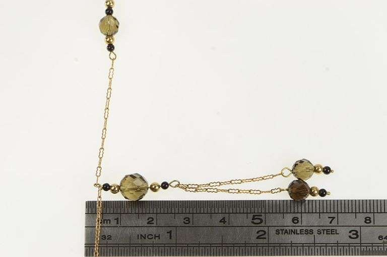 10K Yellow Gold Smoky Quartz Onyx Beaded Fringe Chain Necklace