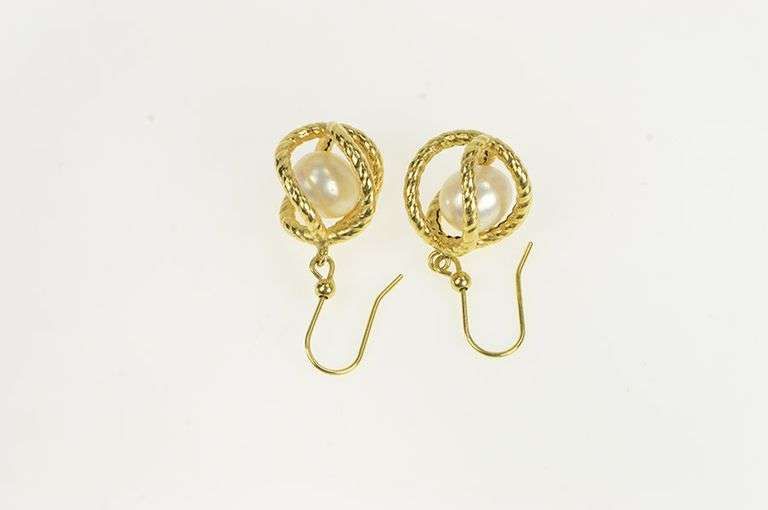 14K Yellow Gold Pearl Twist Cage Dangle Vintage Hook Back Earrings