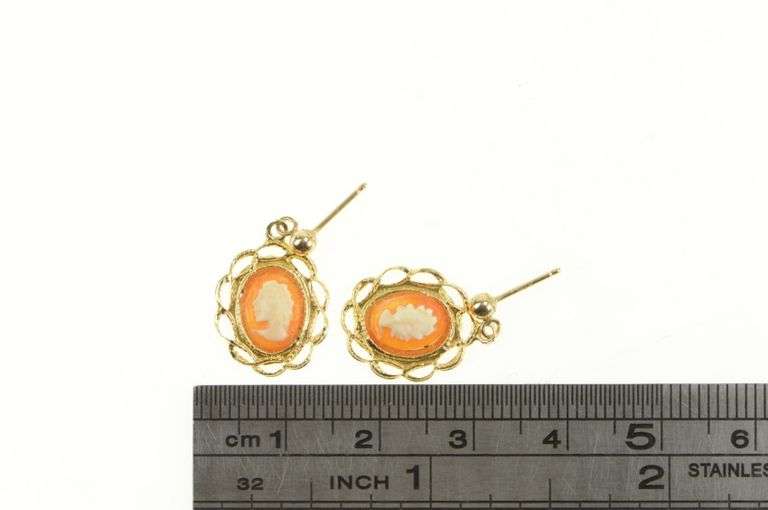 14K Yellow Gold Retro Oval Carved Cameo Filigree Dangle Earrings
