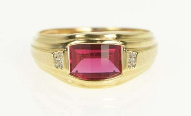 10K Yellow Gold Faceted Syn. Ruby Diamond Accent Men's Ring