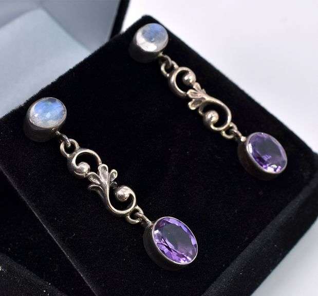 Moonstone And Amethyst Earrings In Sterling Silver