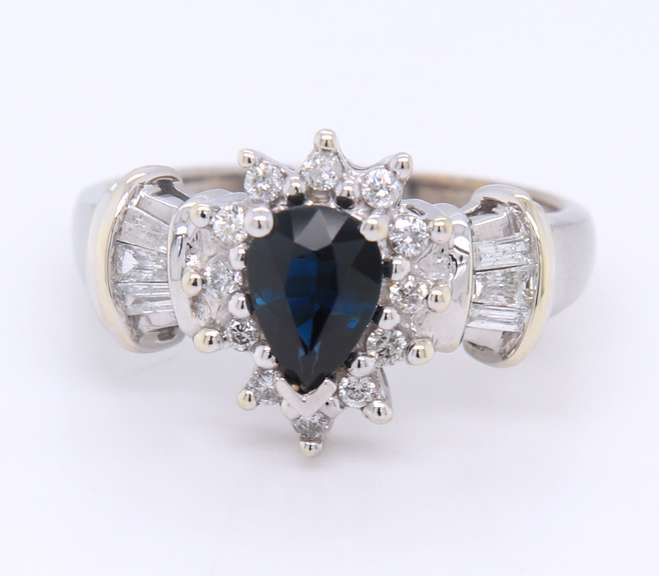 Attractive White gold Pear Shaped Sapphire and Diamond Halo Cocktail Ring