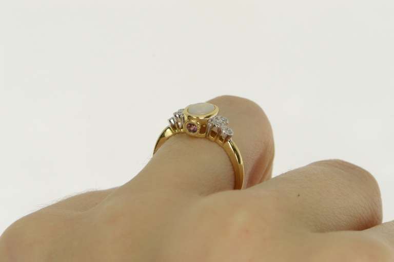 10K Yellow Gold Natural Opal Diamond Pink Sapphire Engagement Ring