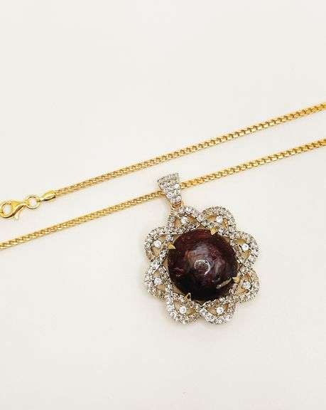 Gorgeous Colossal 46.00CTS Cabochon-Cut Star Ruby & 3.94CTW White Sapphire Pendant Necklace in Gold 
