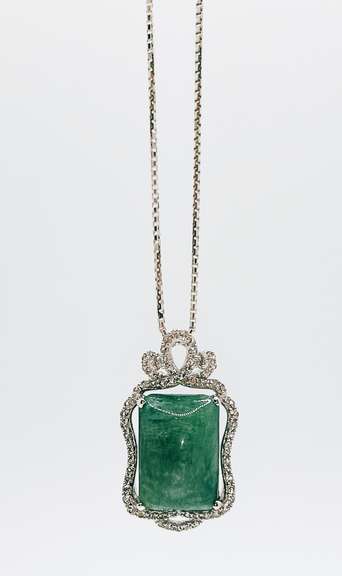 Stunning 10.75 Carat Cushion Emerald and White Sapphire Sterling Sliver Pendant Necklace.
