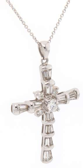 New 2.25ctw Baguette and Round Diamond Cross Pendant Necklace in 18K