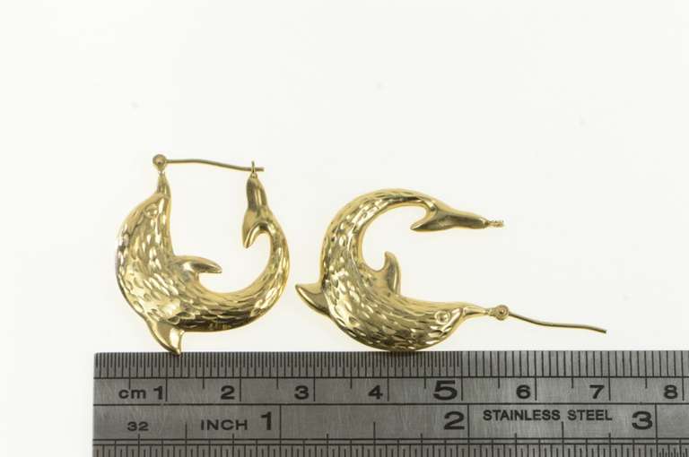 14K Yellow Gold Diamond Cut Dolphin Puffy Statement Hoop Earrings