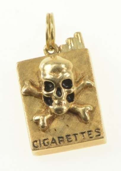 14K Yellow Gold Retro 3D Skull Crossbones Cigarette Pack Charm/Pendant