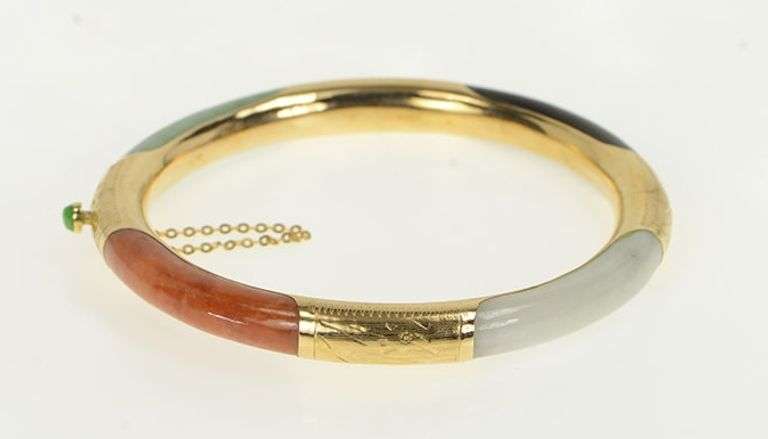 14K Yellow Gold Ornate Vintage Carved Jade Engraved Bangle Bracelet