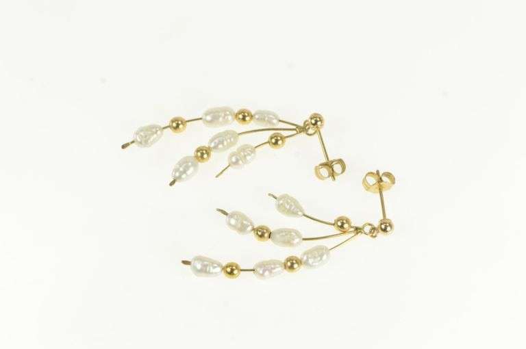 14K Yellow Gold Pearl Dangle Fringe Tassel Vintage Statement Earrings