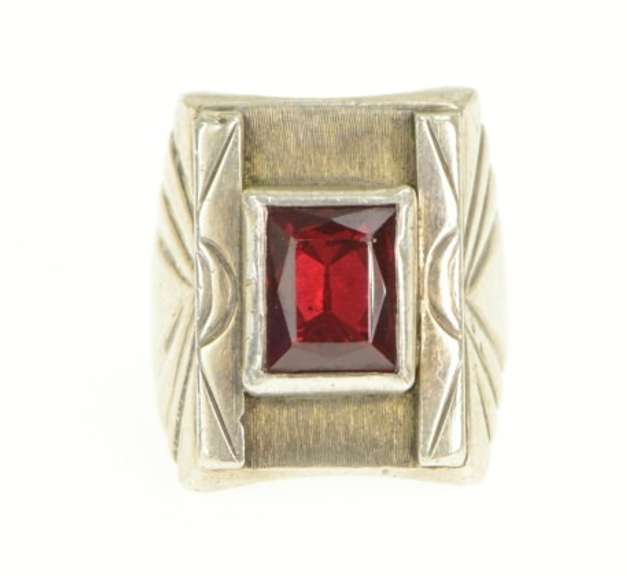 Sterling Silver Garnet Squared Southwestern Stamped OA Ring