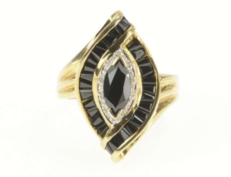 10K Yellow Gold Marquise Sapphire Baguette Diamond Halo Ring