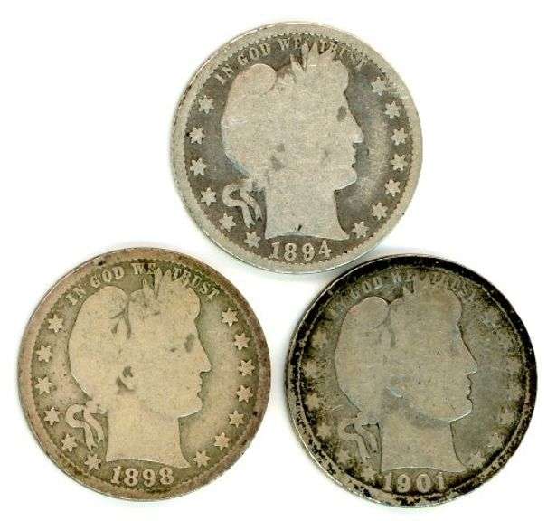 Three Different Barber Silver Quarters: 1894, 1898-O, and 1901