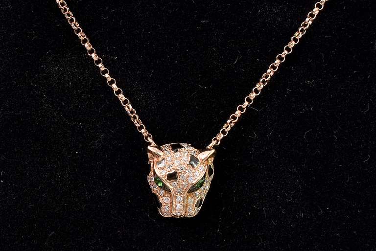 Tsavorite Garnet And Diamond Jaguar Head Pendant In 14K Rose Gold