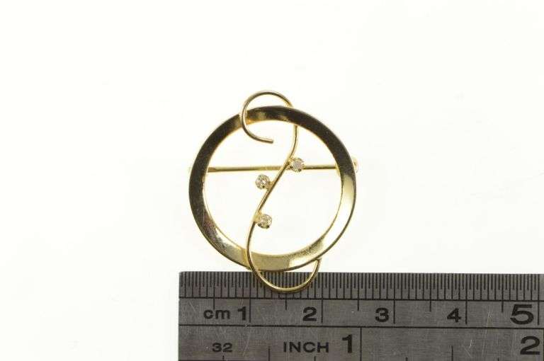 14K Yellow Gold 1960's Retro Diamond Swirl Scroll Statement Pin/Brooch