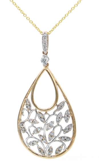 0.35ctw Diamond Two Tone Leaf Teardrop Shaped Pendant Necklace in 14K