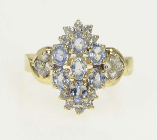 10K Yellow Gold Oval Tanzanite Diamond Cluster Statement Ring