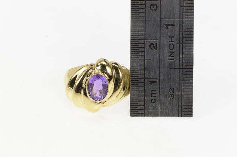 14K Yellow Gold Retro Puffy Amethyst Swirl Twist Design Ring