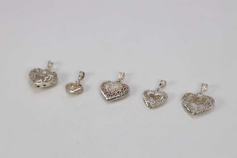 .925 Sterling Silver Filigree Heart Charm Set Lot of 5 Charms/Pendants