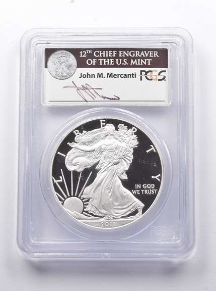 PR69DCAM 2011-W American Silver Eagle 25th Anniv. Signed Mercanti PCGS