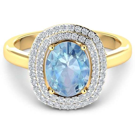 Solid 14 Kt Yellow Gold Aquamarine Diamond Ring " March Birthstone"