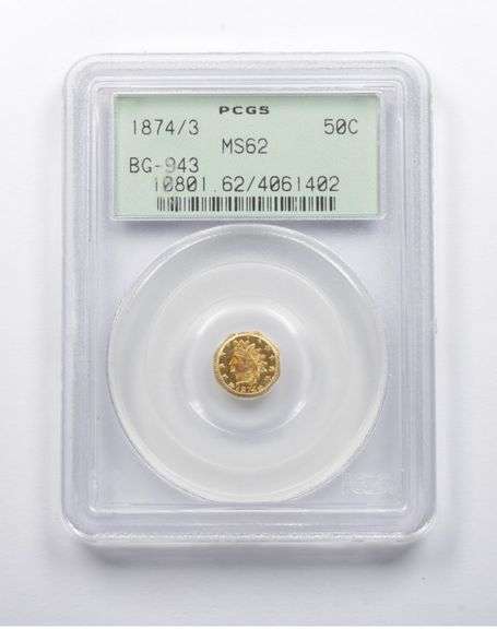 MS62 1874/3 Indian Head Octagonal Gold 50 Cents BG-943 OGH PCGS