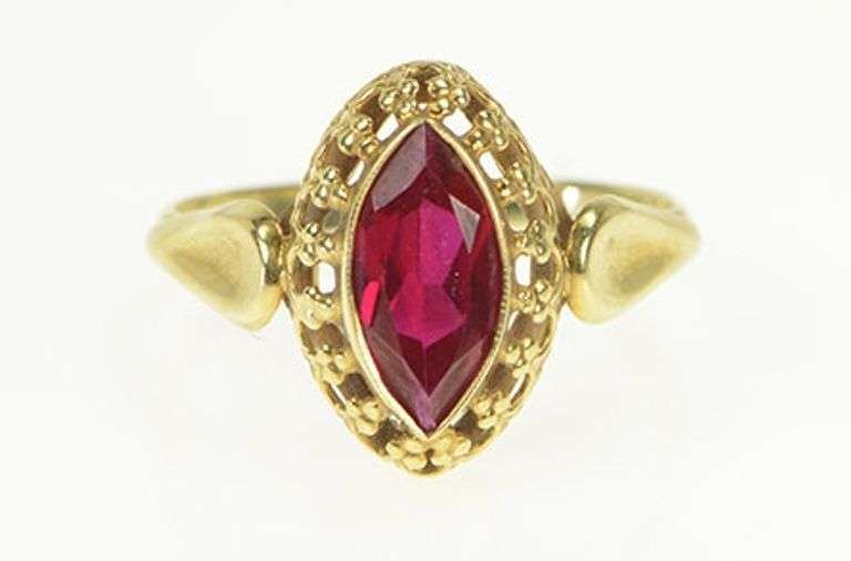 14K Yellow Gold Marquise Syn. Ruby Ornate Filigree Cocktail Ring