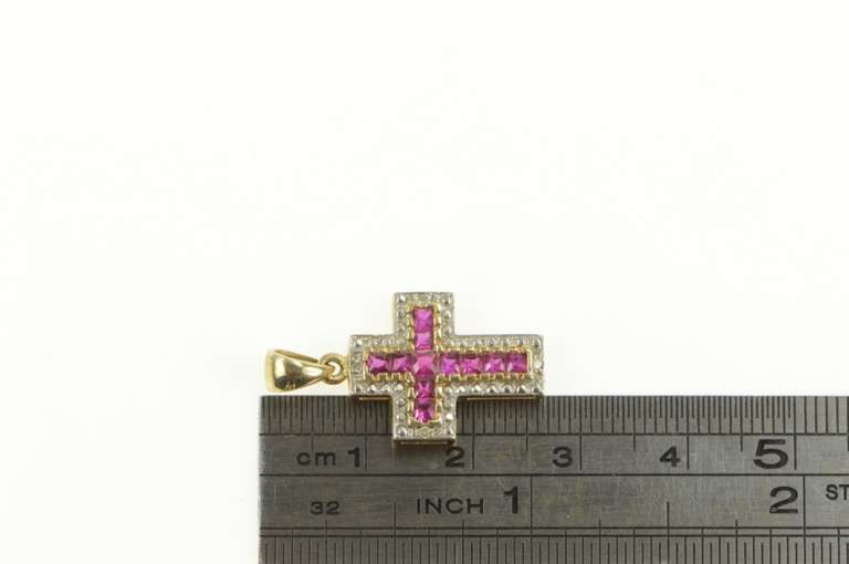 10K Yellow Gold Princess Syn. Ruby Diamond Accent Cross Pendant