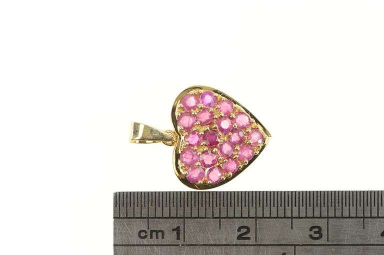 10K Yellow Gold Pave Sim. Pink Sapphire Vintage Heart Love Pendant