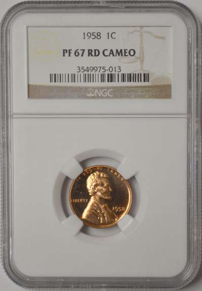 1958 Proof Lincoln Cent NGC PF67 RD Cameo