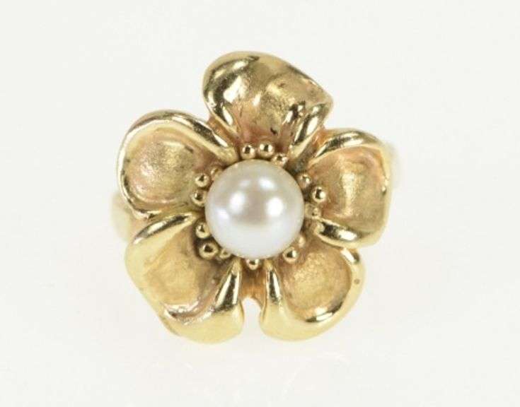 14K Yellow Gold Vintage Pearl Hibiscus Flower Statement Ring