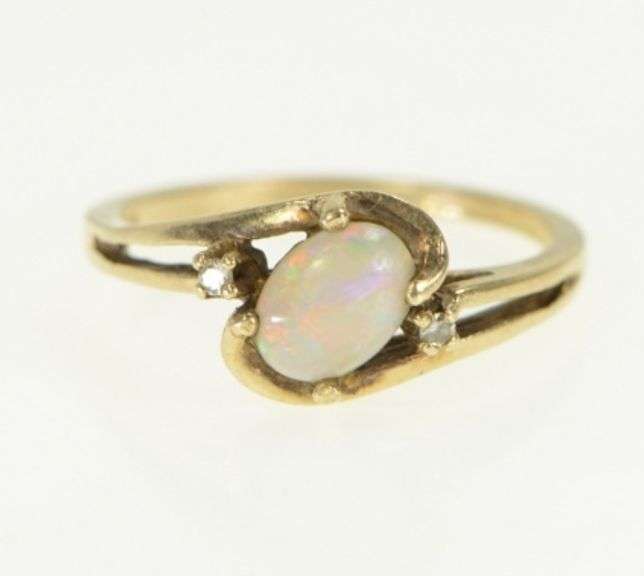 10K Yellow Gold Oval Opal Diamond Accent Vintage Bypass Ring