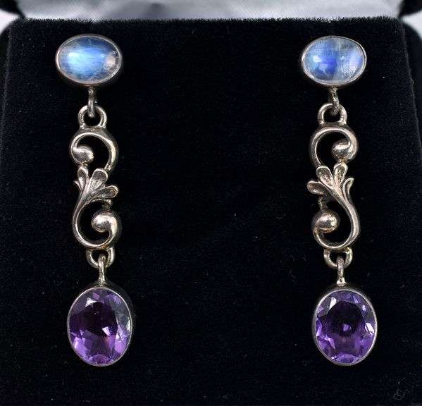 Moonstone And Amethyst Earrings In Sterling Silver