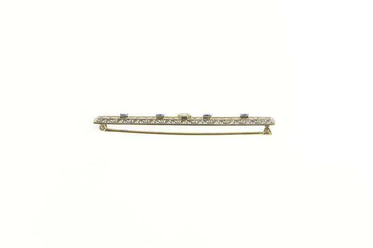14K White Gold Art Deco Diamond Syn. Sapphire Filigree Bar Pin/Brooch
